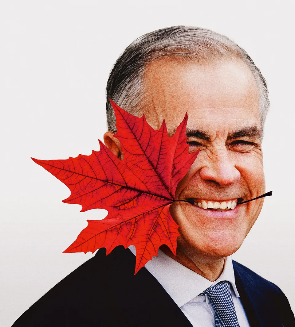 Mark Carney smiling behind a red maple leaf